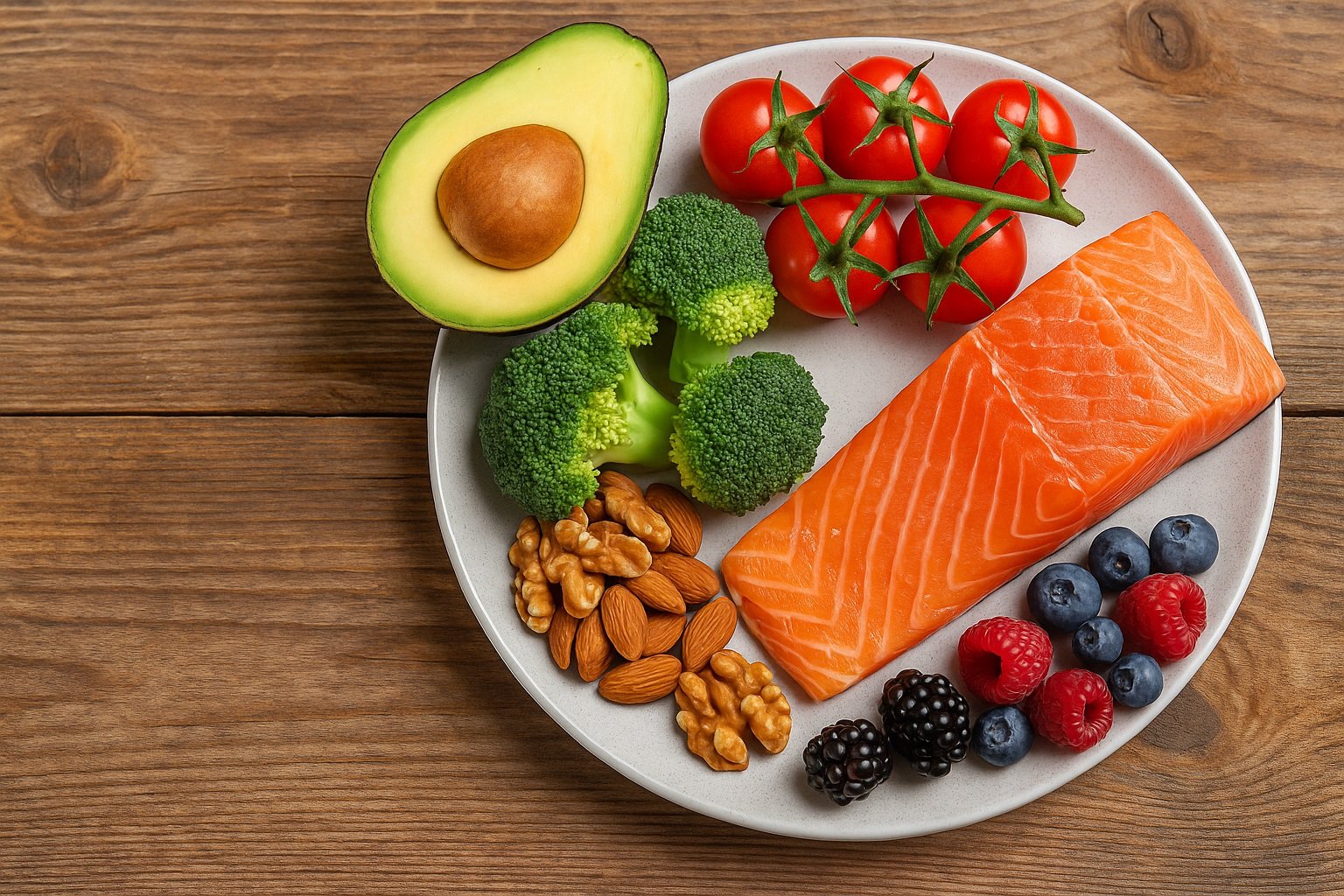 Una selección de alimentos saludables para una dieta de próstata agrandada, incluyendo salmón, tomates, brócoli y frutos rojos.