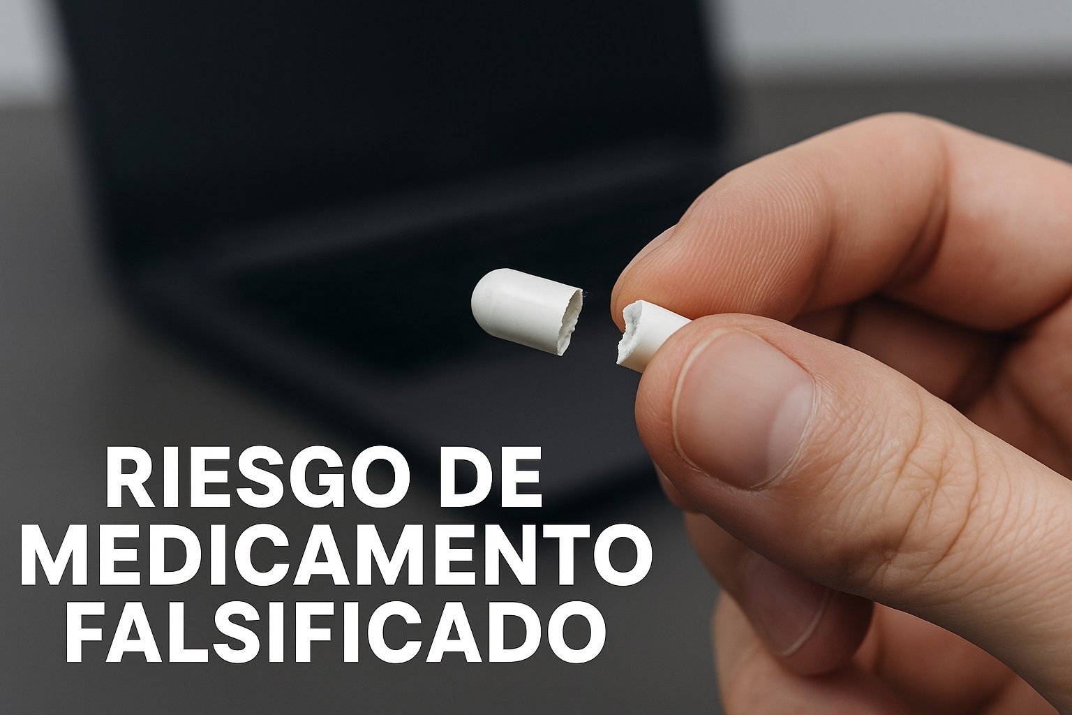 No arriesgues tu salud con medicamentos falsificados. Mano sosteniendo una pastilla falsa para ilustrar los peligros de comprar Viagra sin receta online.