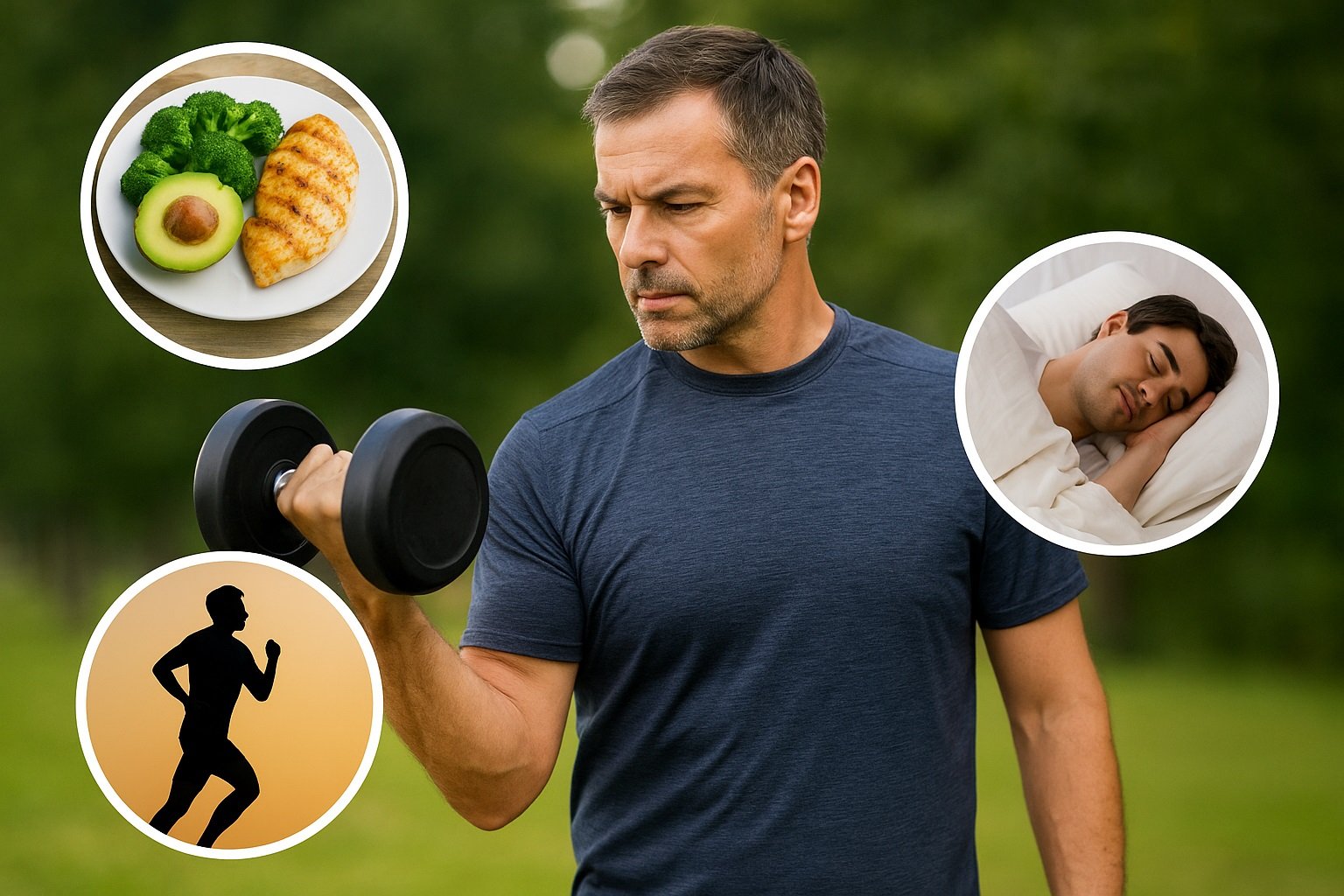 Hombre con un estilo de vida saludable, haciendo ejercicio y comiendo bien, como solución para romper el círculo de la obesidad y la testosterona baja.