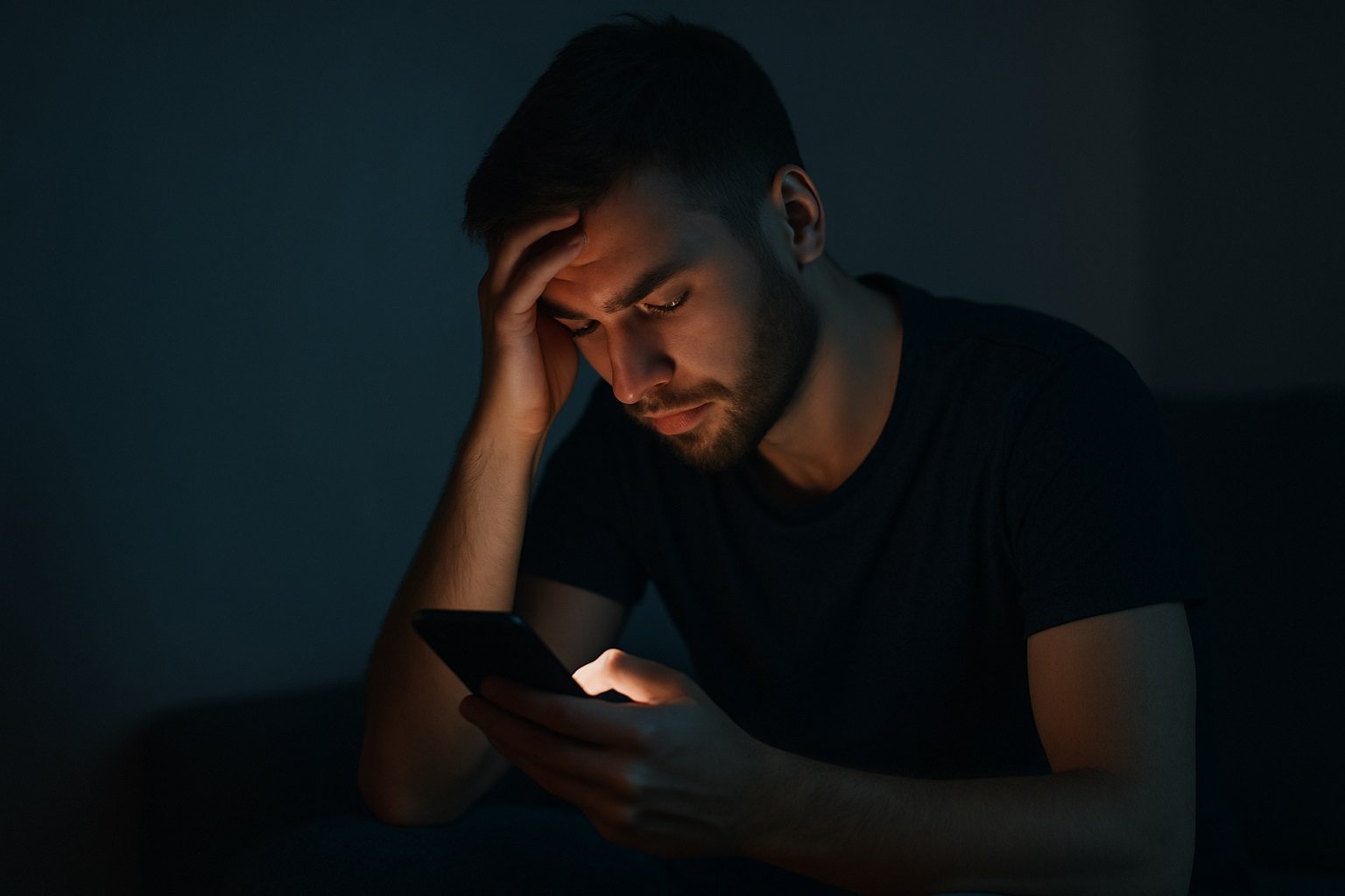 Impacto de la adicción al sexting en la salud mental. Hombre joven sintiendo ansiedad y estrés por la adicción al sexting en su móvil.