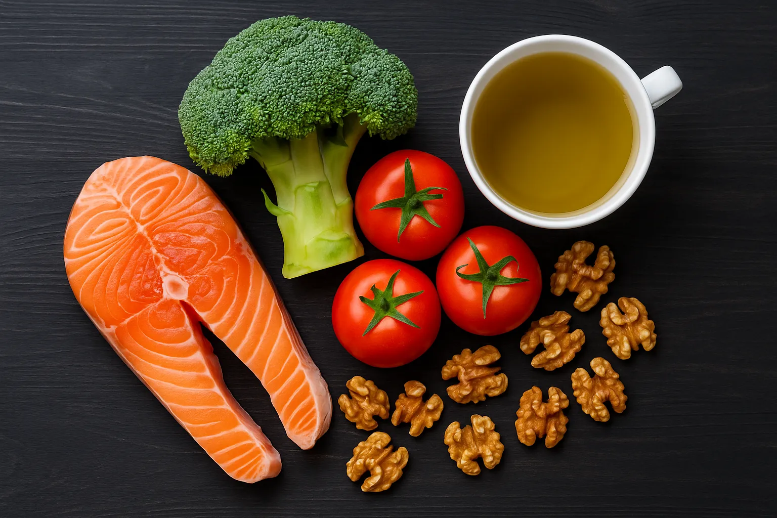 Dieta y alimentos para mejorar la salud de la próstata. Plato con alimentos antiinflamatorios para la próstata como tomates, brócoli, salmón y nueces.