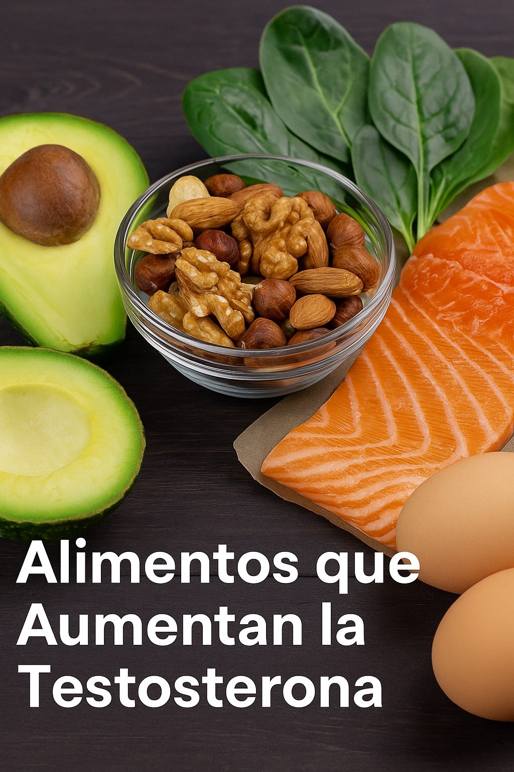 Plato con alimentos saludables como aguacate, salmón y nueces para aumentar la testosterona naturalmente.