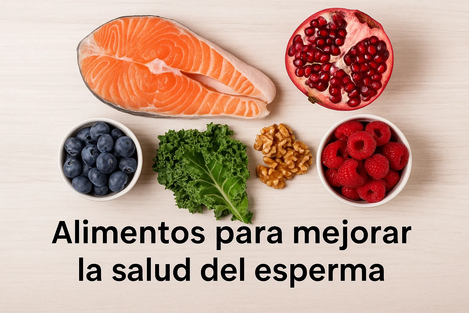 Dieta para la Salud del Esperma Plato con alimentos saludables como frutas, verduras y nueces que ayudan a mejorar la calidad y salud del esperma.