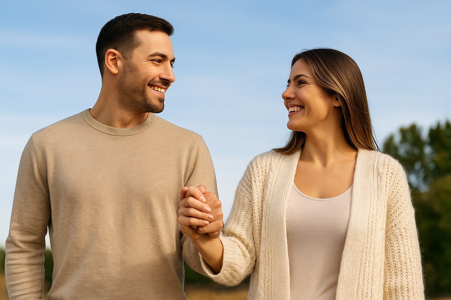 La confianza y la salud son más importantes que el tamaño. Pareja feliz y segura de sí misma como alternativa saludable al jelqing.