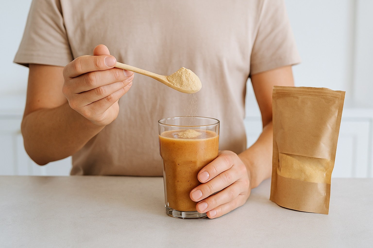 Persona añadiendo polvo de maca a un batido de frutas.