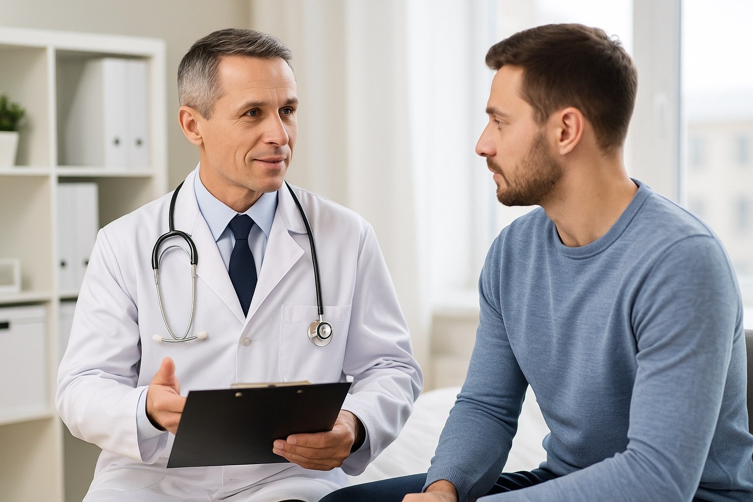 Diagnóstico profesional para el sexo doloroso masculino (dispareunia). Un médico especialista consulta a un paciente sobre las causas y el diagnóstico del sexo doloroso en hombres.