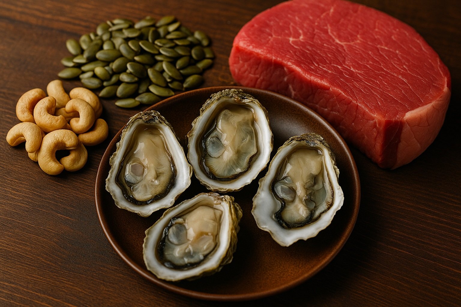 Alimentos con zinc para mejorar la testosterona y la salud sexual. Una variedad de alimentos ricos en zinc como ostras, carne, y semillas de calabaza, importantes para la salud sexual.