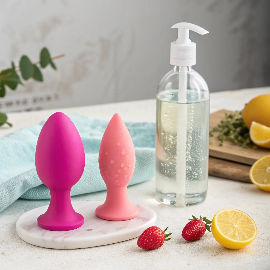 Herramientas y juguetes para la estimulación segura del punto G masculino. Varios masajeadores prostáticos y un bote de lubricante, herramientas para estimular el punto G masculino.