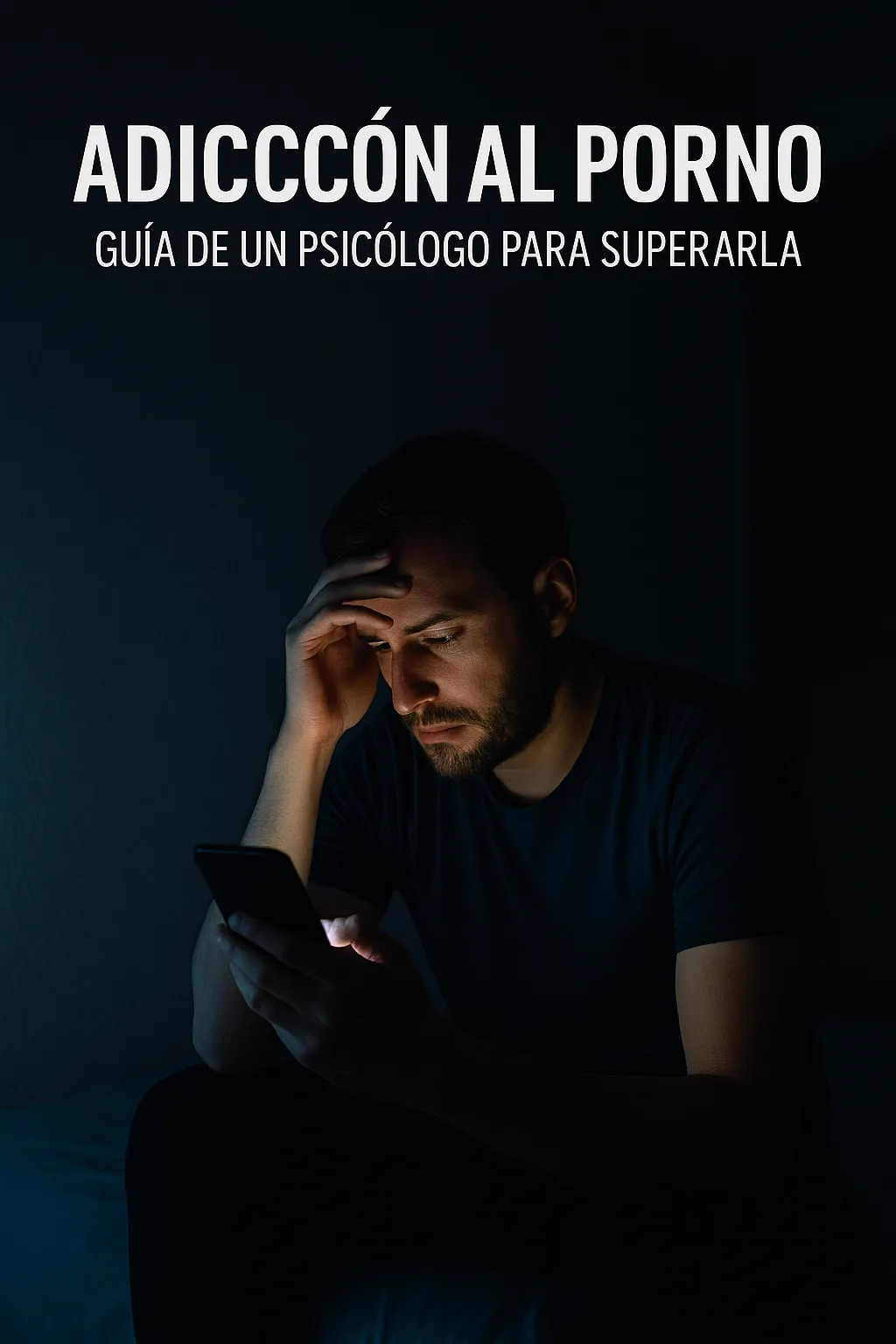 Hombre sentado en la oscuridad, iluminado por su móvil, representando la lucha contra la adicción al porno.
