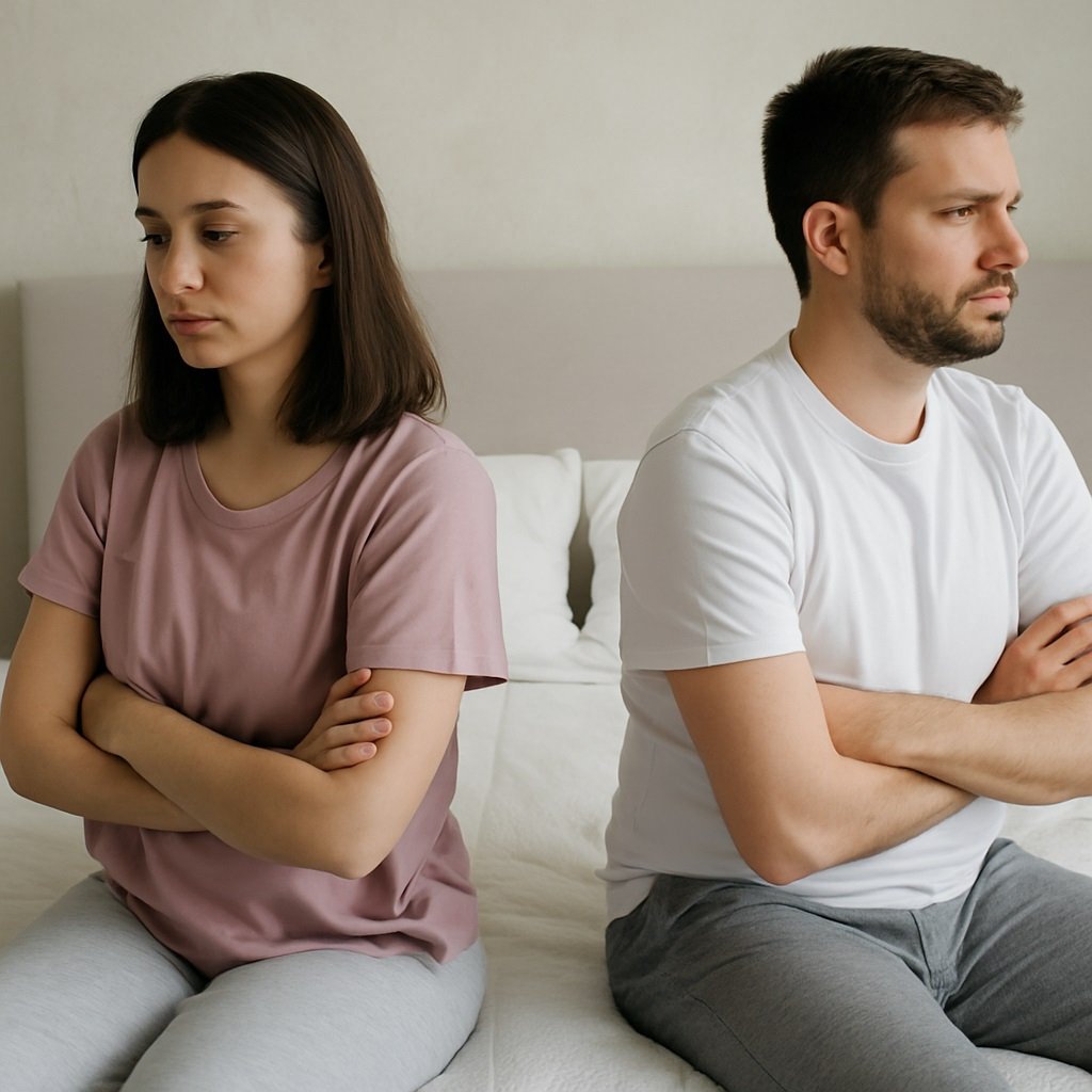 Cómo afecta la rutina sexual a una pareja. Pareja en la cama, de espaldas, simbolizando la rutina sexual y la desconexión en la relación.