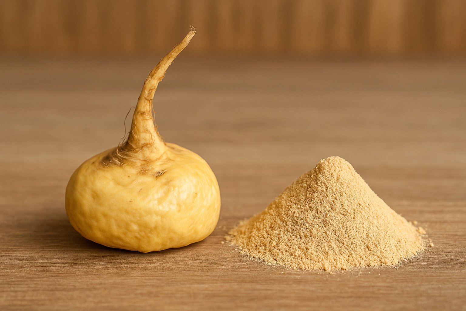 Raíz de maca peruana fresca junto a un montón de polvo de maca.