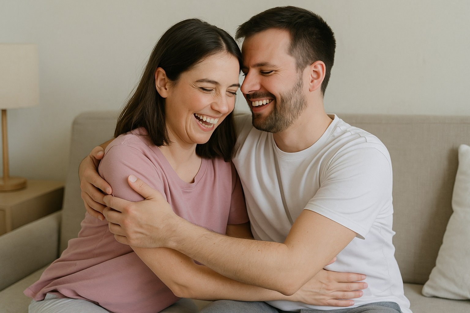 Reconectar y superar la rutina sexual en pareja. Pareja feliz y conectada en el sofá, demostrando cómo superar la rutina sexual y reavivar la pasión.