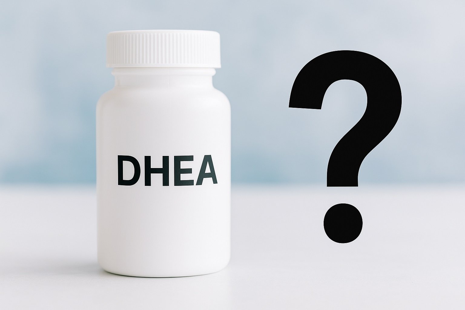 Frasco de suplemento de DHEA para hombres junto a un signo de interrogación, simbolizando las dudas sobre sus beneficios y riesgos.