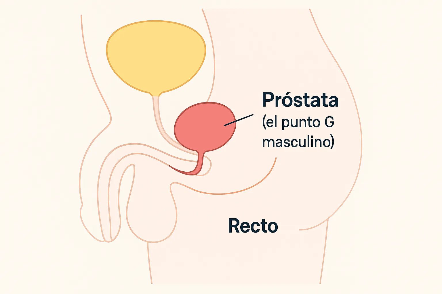 Ubicación anatómica de la próstata o punto G masculino. Diagrama que muestra la ubicación del punto G masculino, la próstata, en el cuerpo del hombre.