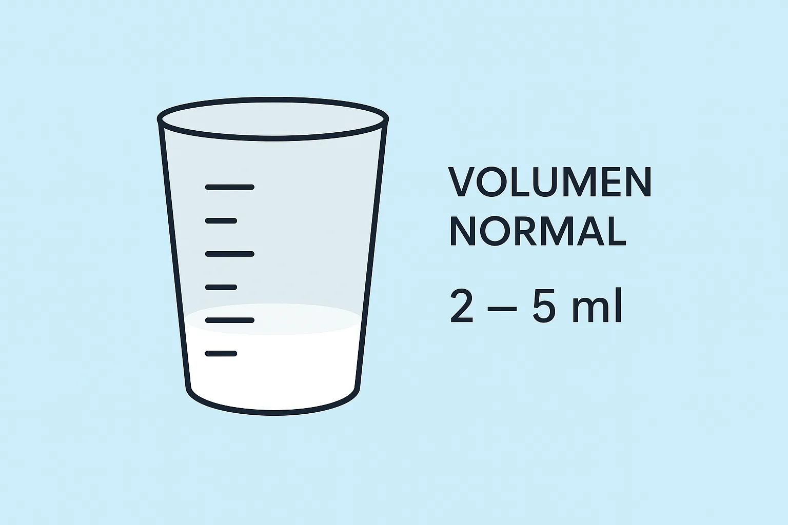 Volumen Normal de una Eyaculación Ilustración de un tubo de ensayo mostrando el volumen normal del semen entre 1.5 y 5 ml para representar la salud reproductiva masculina.